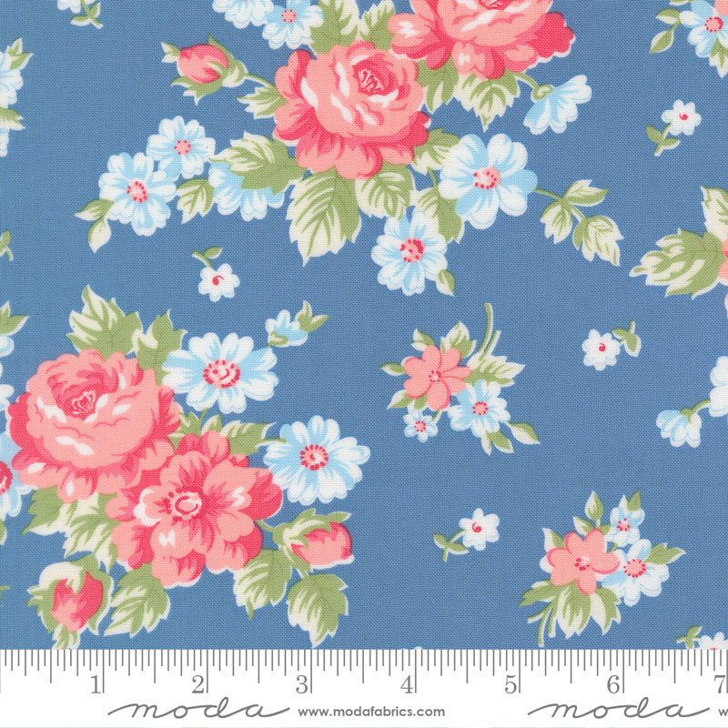 A Cat Named Stitch Blooming Florals Cabbage Rose Blue - 55340 13 - by Camille Roskelley for Moda