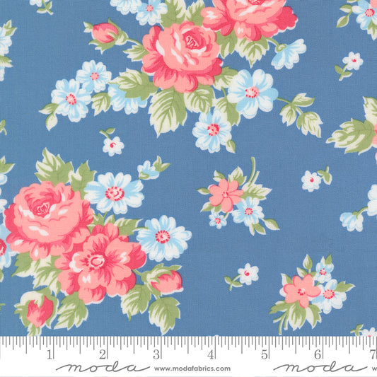 A Cat Named Stitch Blooming Florals Cabbage Rose Blue - 55340 13 - by Camille Roskelley for Moda