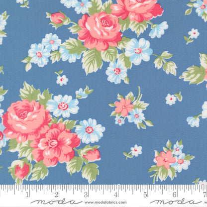 A Cat Named Stitch Blooming Florals Cabbage Rose Blue - 55340 13  - by Camille Roskelley for Moda