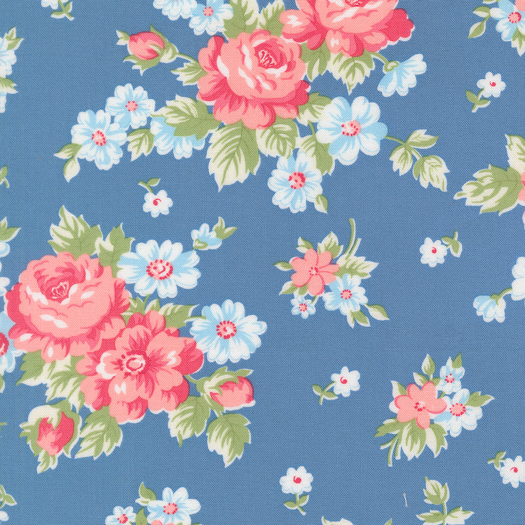 A Cat Named Stitch Blooming Florals Cabbage Rose Blue - 55340 13  - by Camille Roskelley for Moda