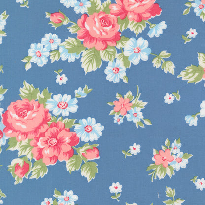 A Cat Named Stitch Blooming Florals Cabbage Rose Blue - 55340 13  - by Camille Roskelley for Moda